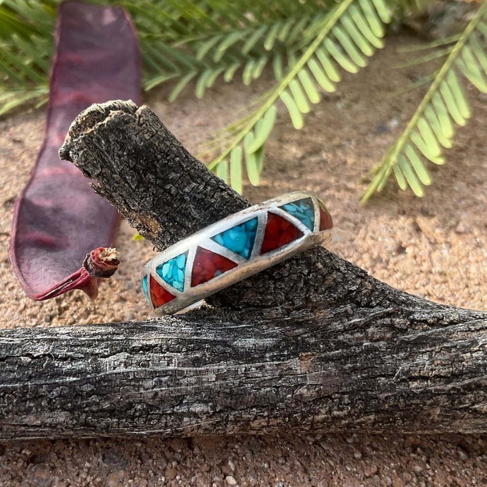 Native American Turquoise & Coral Band - Picture 3 of 7